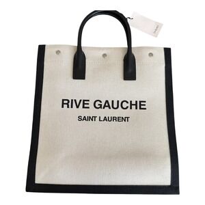 Saint Laurent Rive Gauche Tote Bag Canvas Leather White Black 632539